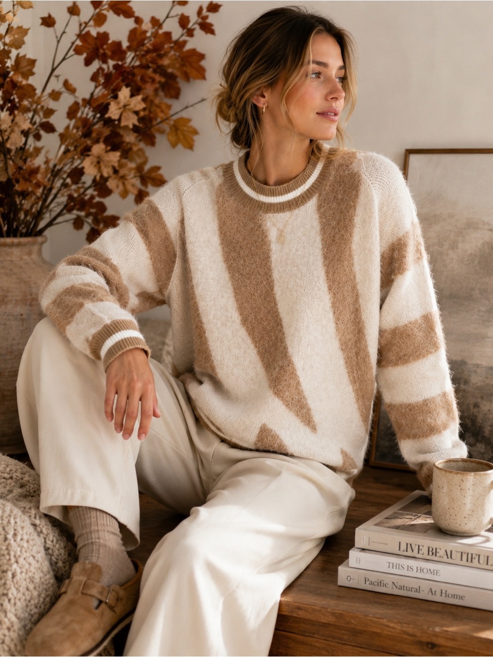 Maude Vivante XS Fuzzy Stripe Sweater Cream Tan Soft Cozy Knit